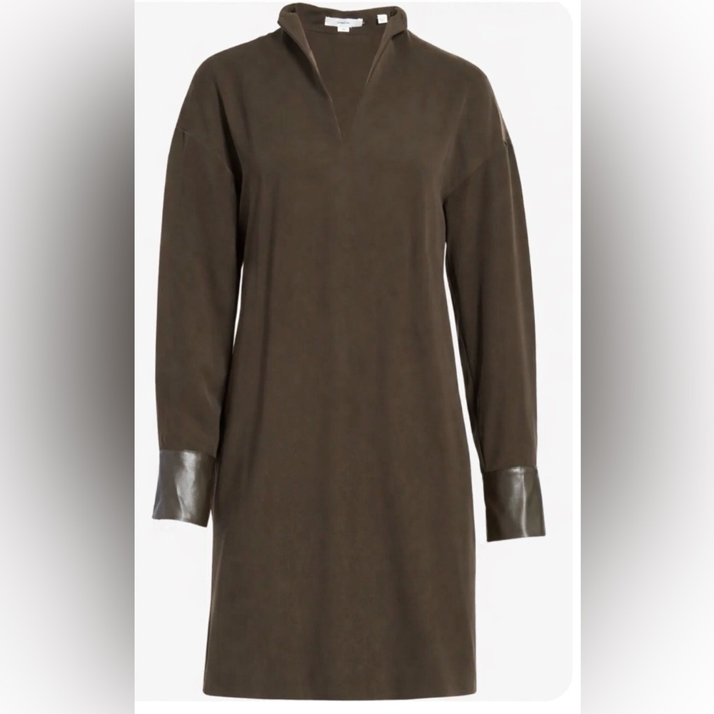Vince Stand Collar Faux Leather Trim Long Sleeve Dress Sz XS (missing belt)